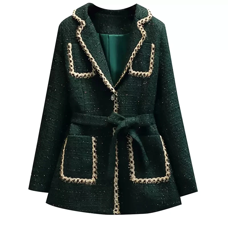 Autumn Winter Women Tweed Blazer Jacket Designer Fashion Pocket Spliced Slim Green Suit Jacket Lady Elegant Formal Blazers Coat