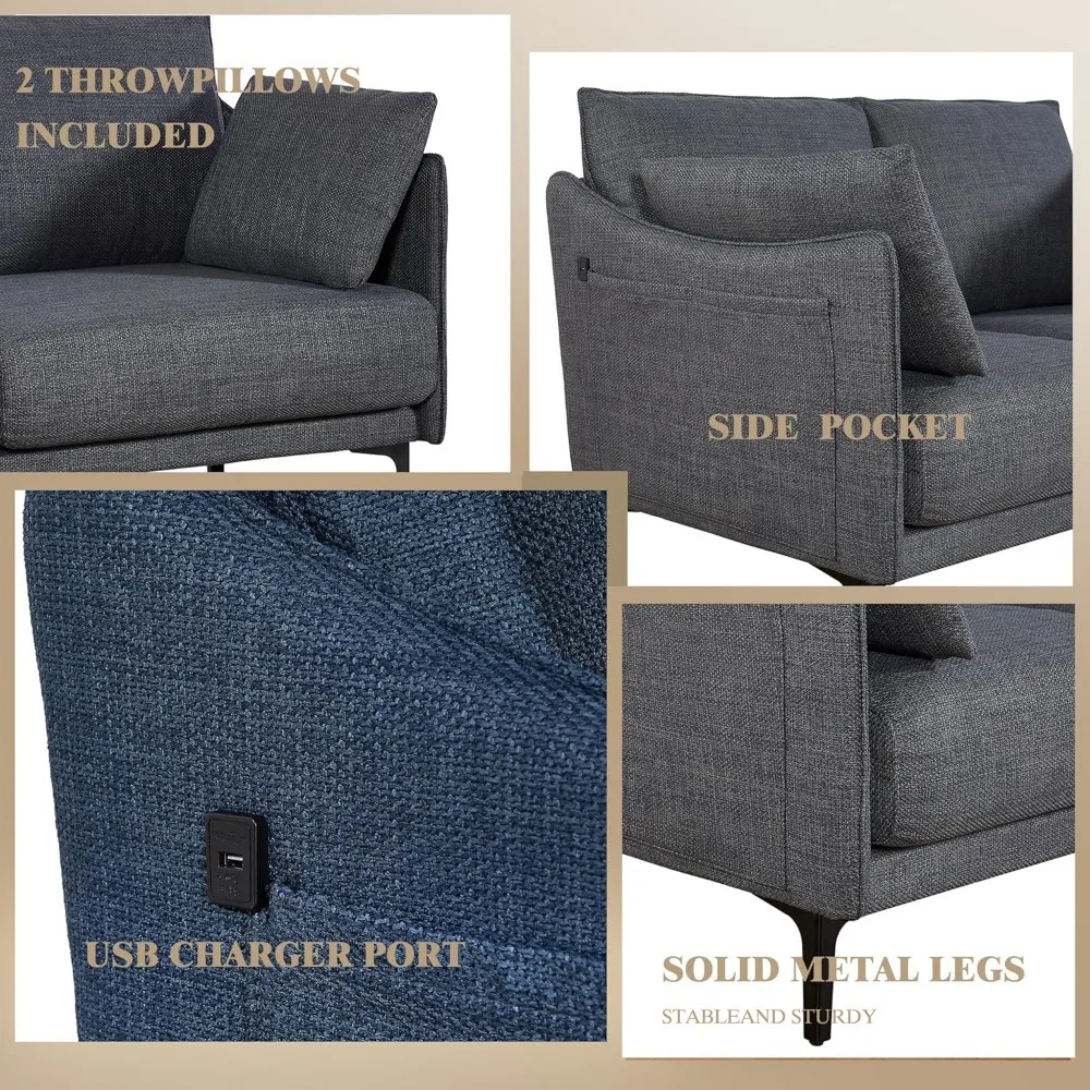 أريكة Loveseat، أريكة Loveseat حديثة بتصميم بسيط لمنتصف القرن مع منفذ شحن USB، أريكة صغيرة بمقعدين مع وسادتين، ساق معدنية #6