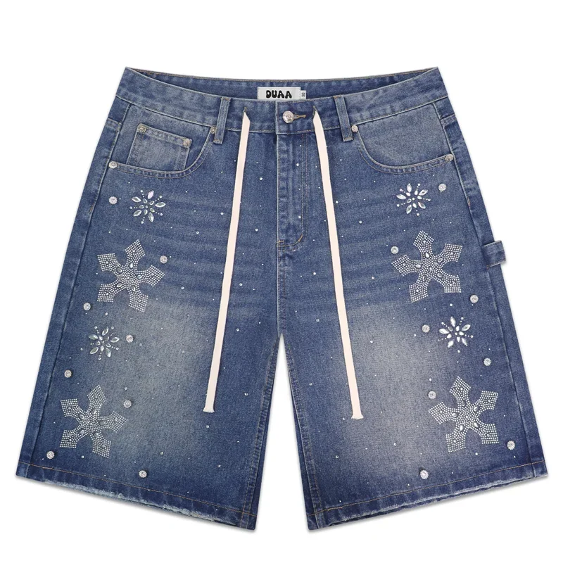 Heavy Craft Rhinestone Snowflake Man Duaa Jeans Waist Drawstring Vintage Distressed Wide Leg Carpenter DUAA Denim Shorts