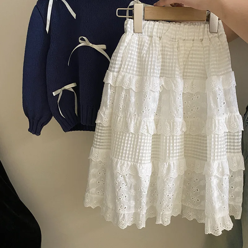 Childrens Clothing Set Korean Bow Knit Sweater 2025 Autumn New Lace Cake Skirt Set Trend