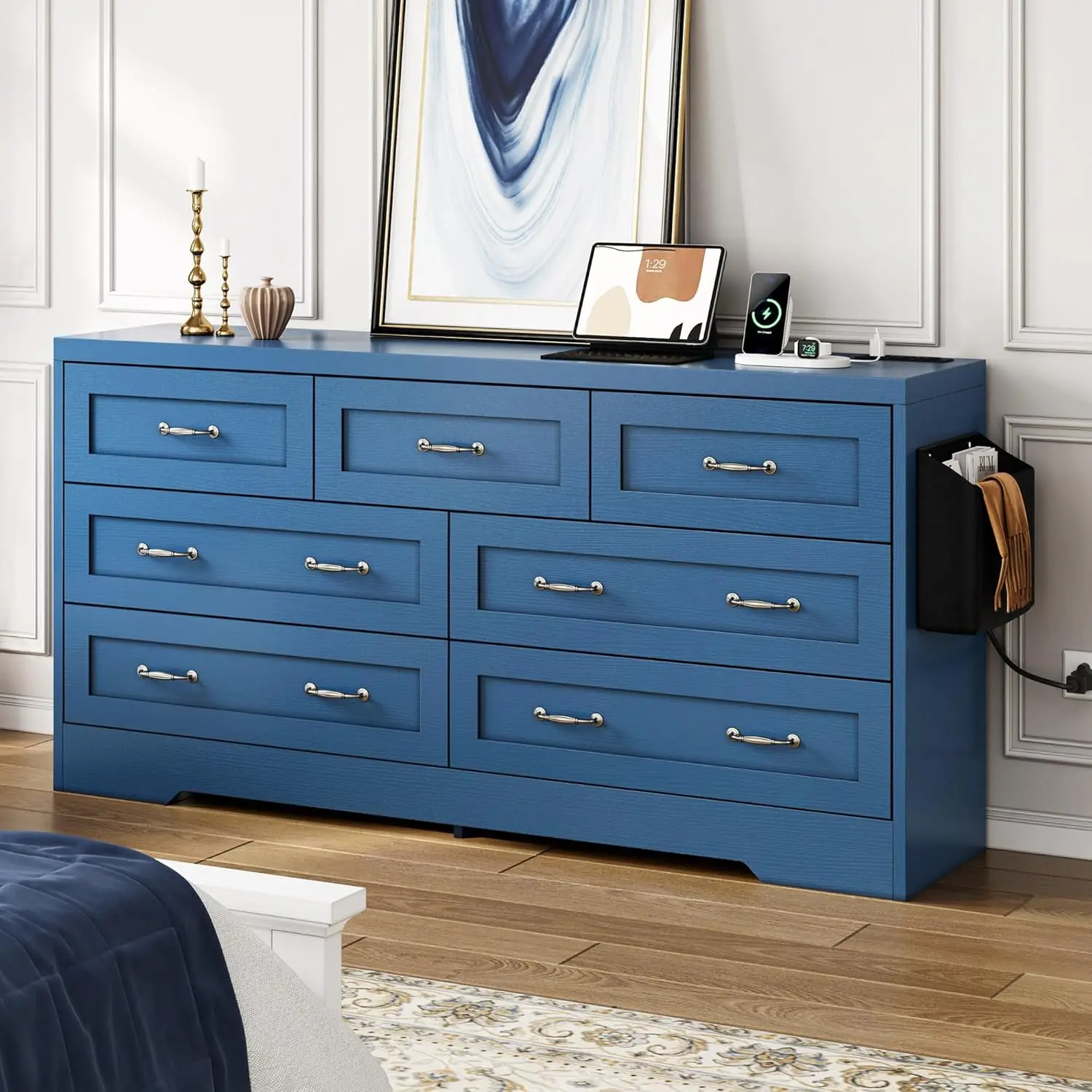 Large Buffet Sideboard Cabinet with 7 Drawers Power Outlets Dressers Buffet Table Coffee Bar Wine Bar Storage Dining Room (Blue)