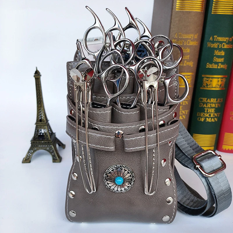 Hair Scissors Bag with Waist Shoulder Belt for Hairdressers Barber PU Leather Shears Hairdressing Tool Case Bag Holder