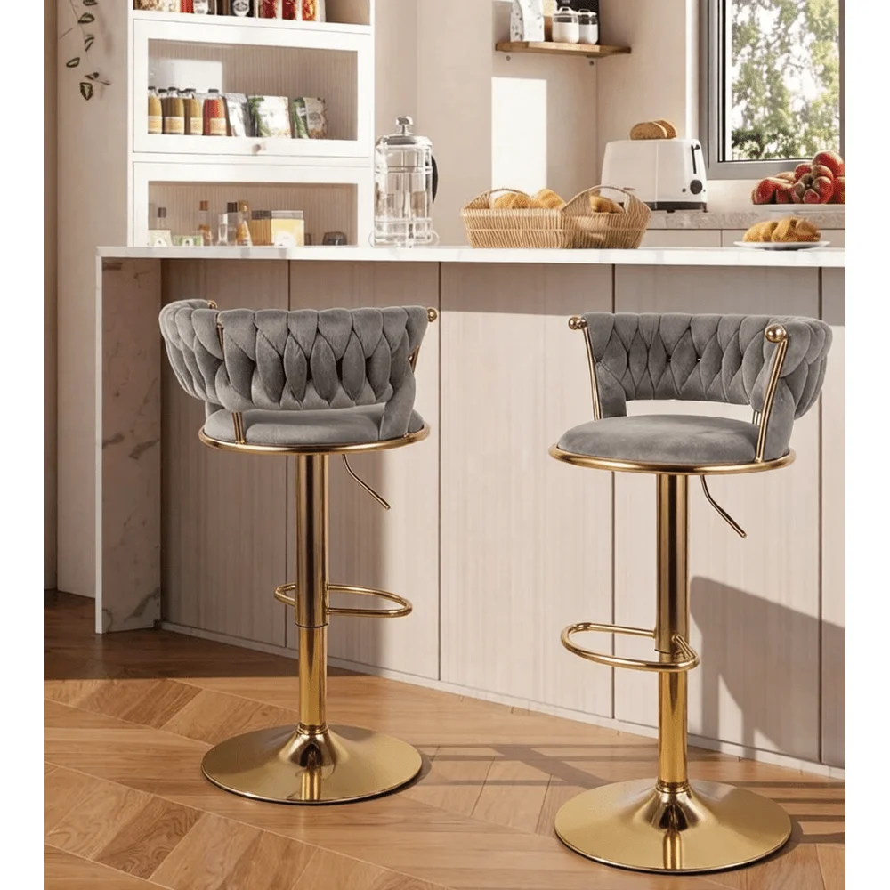 Velvet Swivel Bar Stools Set Of 2 360 Rotation Bar Chairs With Low Back Footrest, Adjustable Counter Height Barstools, Gold Fra