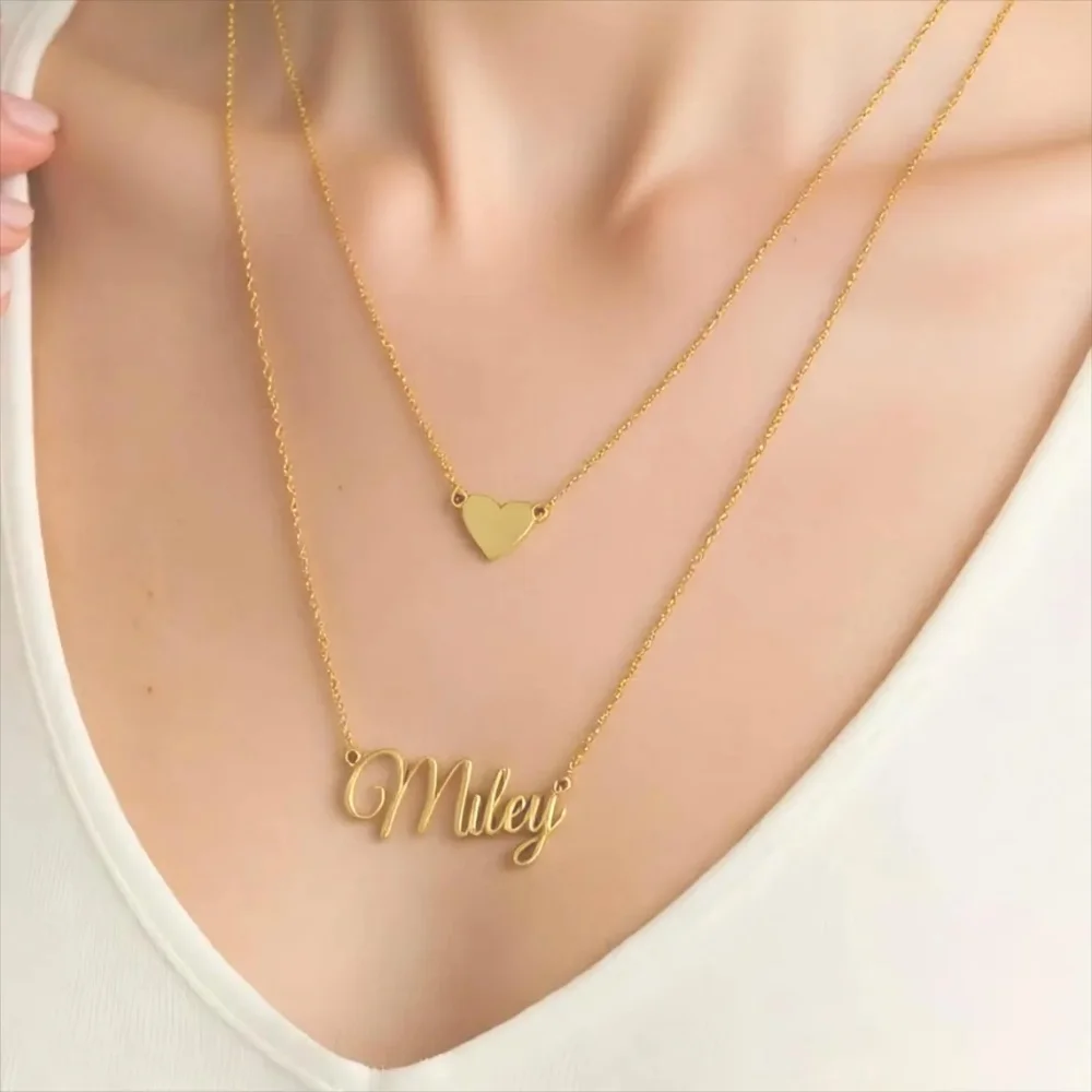 Custom Double Layered Chain Name Necklace Personalized Heart Nameplate Pendant Necklace Women Stainless Steel Jewelry Women Gift