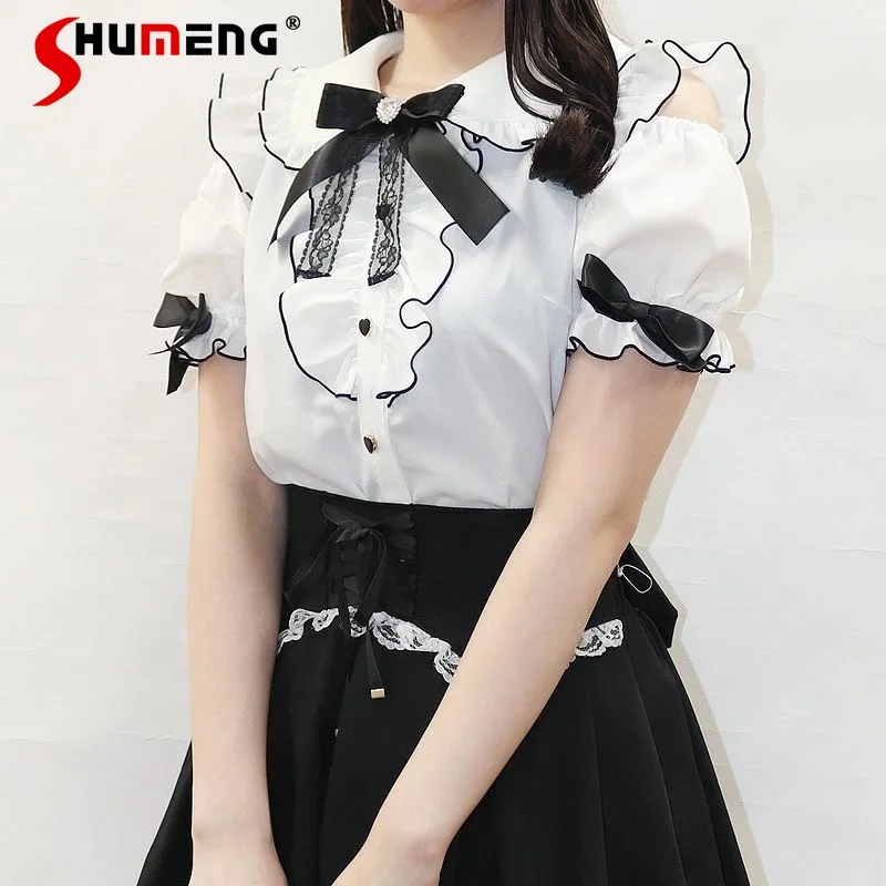 Japanese Mine Sweet Short Sleeve Ruffles Shirt Summer New Lolita Cute Mass-Produced Pink White Off-Shoulder Top Blouse for Women