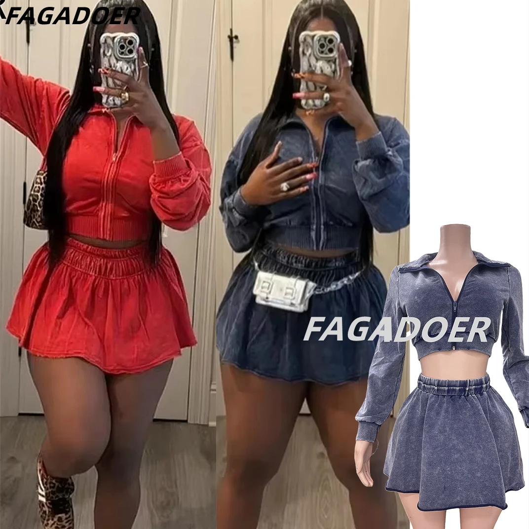 

FAGADOER Quality Fashion Women 2 Piece Set Outfit Long Sleeves Zip Stretch Crop Top + Mini Skirt Suit Female Streetwear Clothing