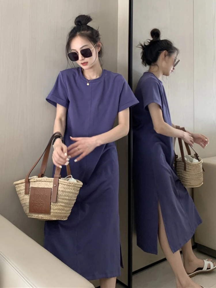 korean T Shirt Dresses for Women Summer Beach Sexy Back hollow Side split Casual dress Party cotton Comfortable Long solid Dress