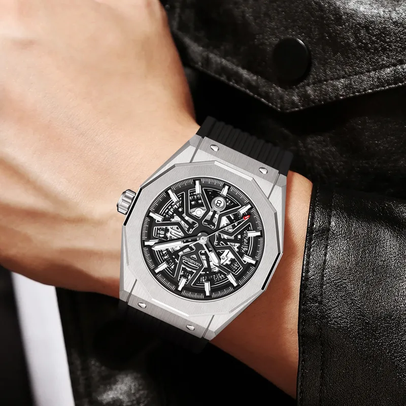 HANBORO The Big Bang fully automatic mechanical watch skeleton wheel dial waterproof luminous watch