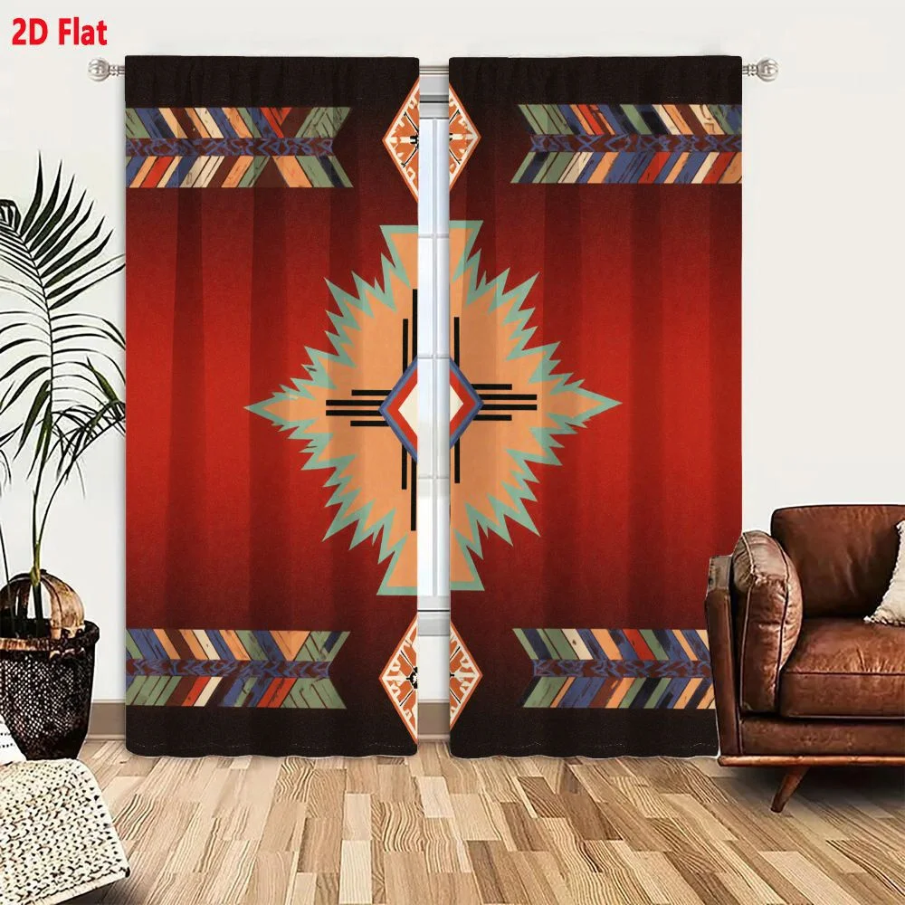 2Pcs Curtains 2D Flat Symmetrical Geometric Southwestern Tribal Art Design Red Background Dark Brown Borders Central Starburst D