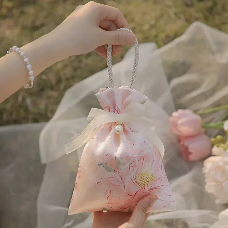 10pcs Candy Bag Chinese Satin Fabric Drawstring Gift Packing Bag Wedding Birthday Handheld Bag Portable Gift Candy Jewelry Bag