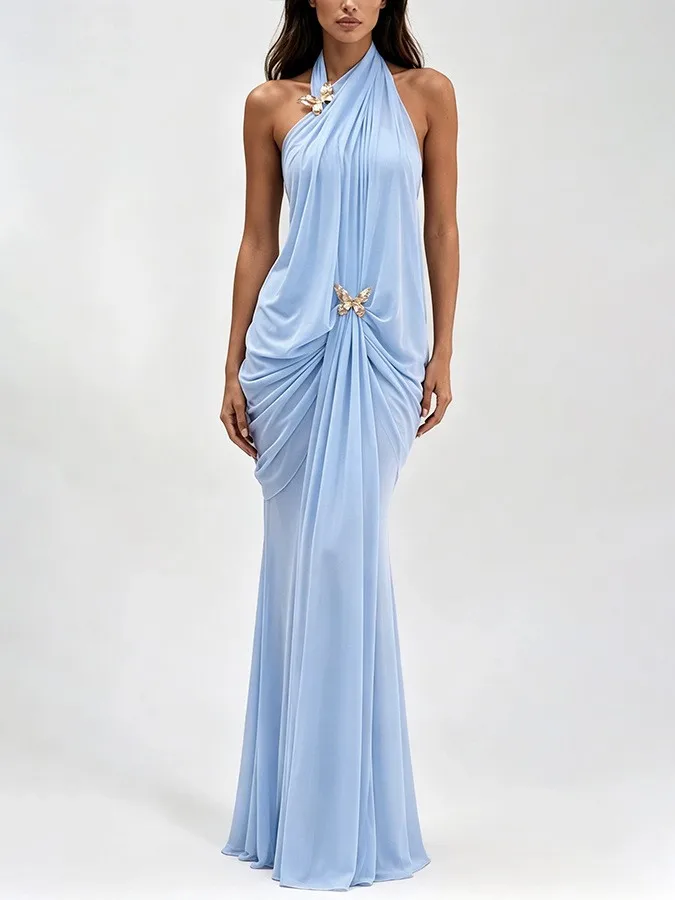 Women's Elegant Off Shoulder Halter Neck Long Sleeveless High Waist Ruched Maxi Dress for Wedding Guest Summer Party Prom - view 2