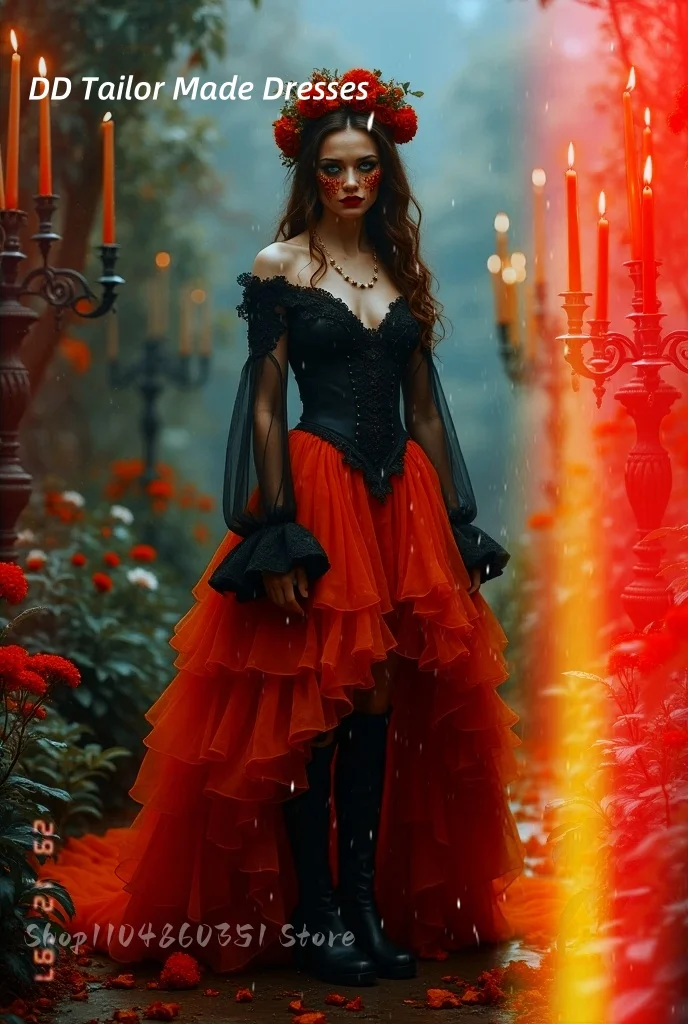 Abito da ballo alto basso con corsetto Steampunk con spalle scoperte maniche lunghe A-Line nero arancione rosso abito da ballo vintage a strati personalizzato