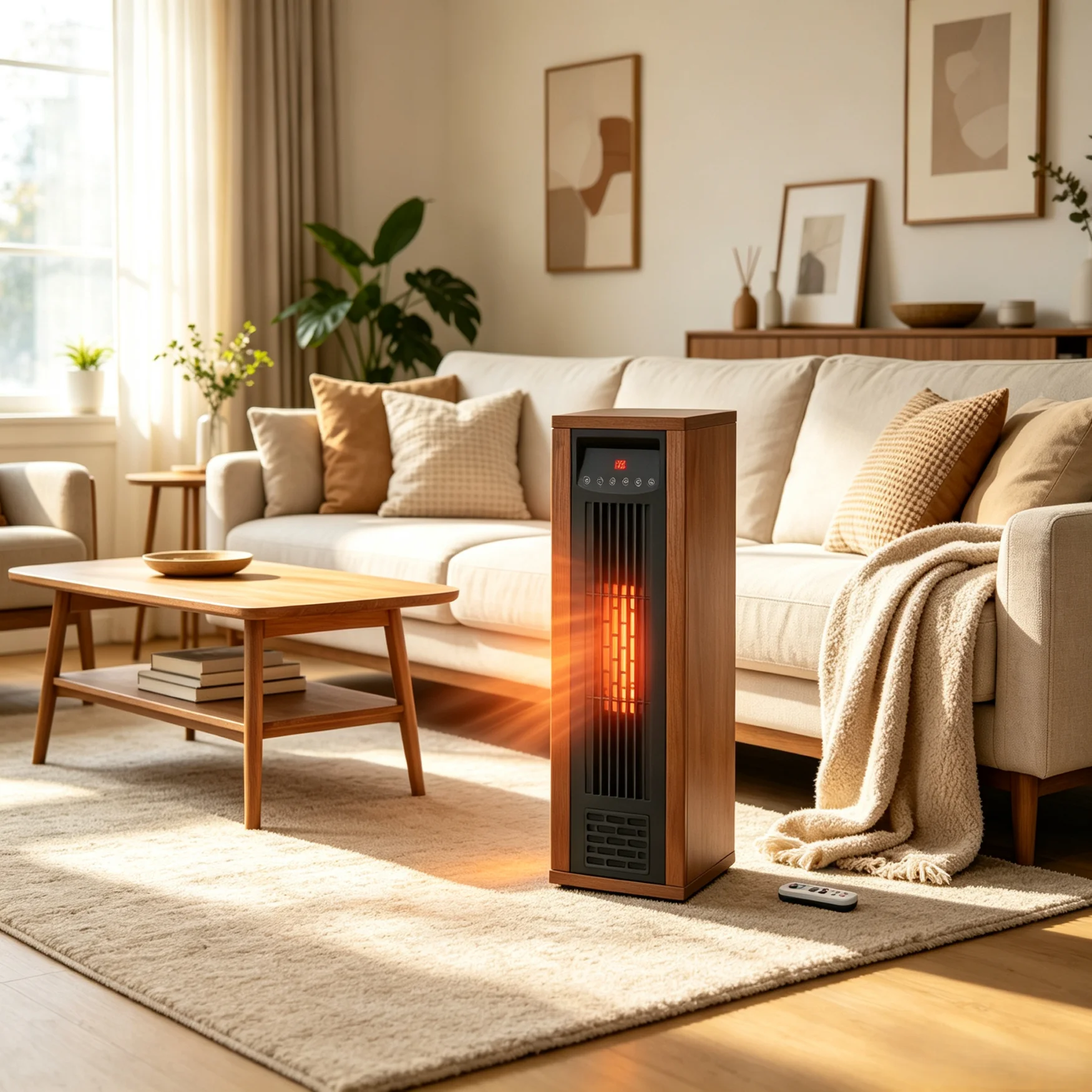 Infrared Tower Space Heater with Remote Control, 1500W 3 Heating Modes, Wooden Cabinet Electric Heater, Thermostat Timer, 2 Colors Walnut & Chestnut for Home Indoor Use