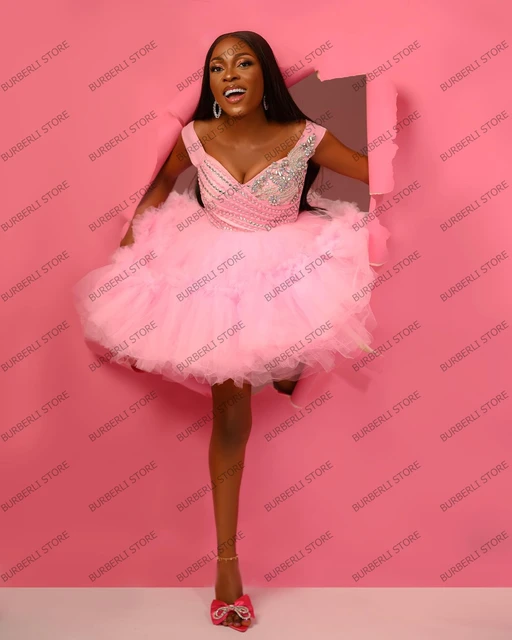 Cute Pink Puffy Mini Women Summer Dresses Off The Shoulder Beaded Crystals  Short Tutu Prom Dress