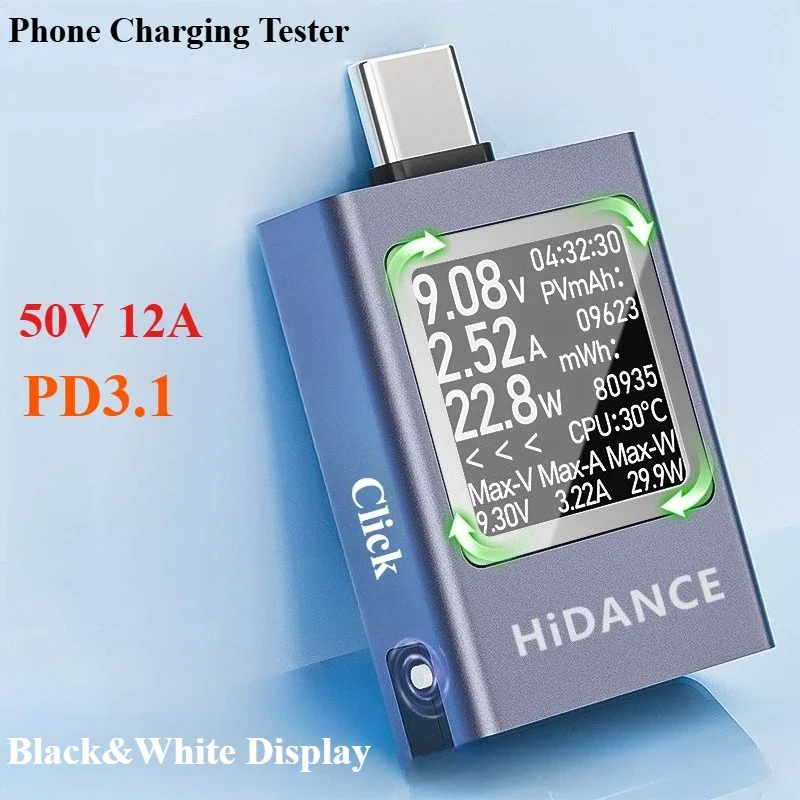 13-in-1 DC 4,5–50 V 0–12 A Multifunktions-Digitalanzeige DC-Spannung Amperemeter Leistungsmesser Typ C Handy-Aufladung PD3.1 Tester