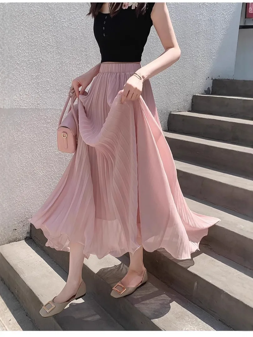 Women Chiffon Pleated Midi Skirt Elastic High Waist Solid Color Irregular Hem Flowy Summer Long Skirt
