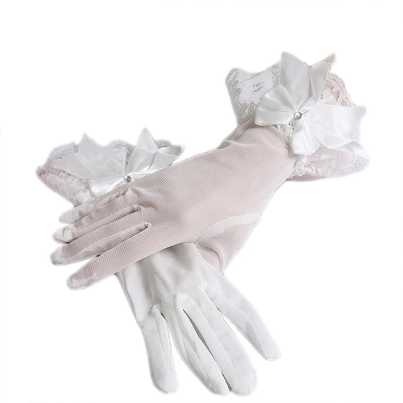 Bridal Wedding Gloves White Tulle with Lace & Bow Opera Party Short Gloves 10\