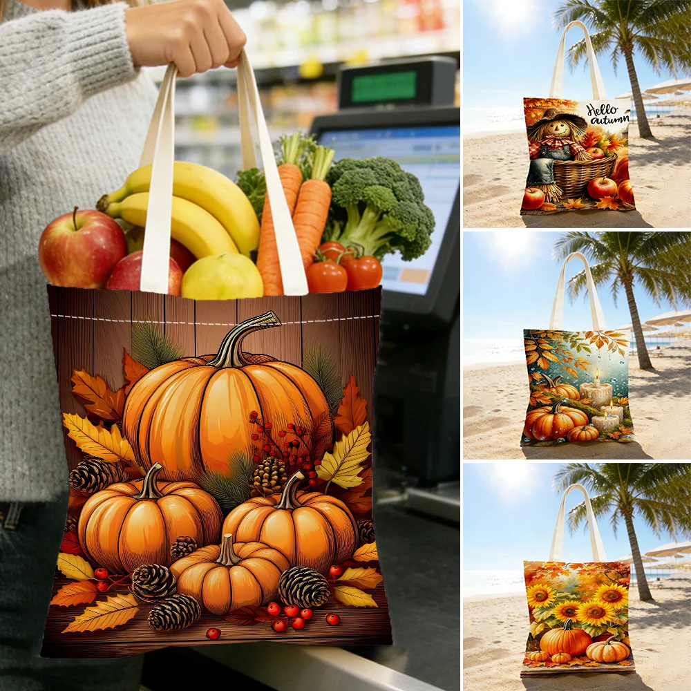 Hello Autumn Pumpkin Scarecrow Tote Bag Double Sided Print Reusable Shopping Shoulder Bag Thanksgiving Fall Home Decor Gift