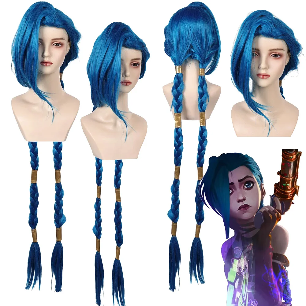 Jinx Peruk Cosplay Arcane Sezon 2 Peruk Isıya Dayanıklı Sentetik Saç Kostüm Prop Kadın Cadılar Bayramı Partisi Uzun Örgülü Mavi Şapkalar