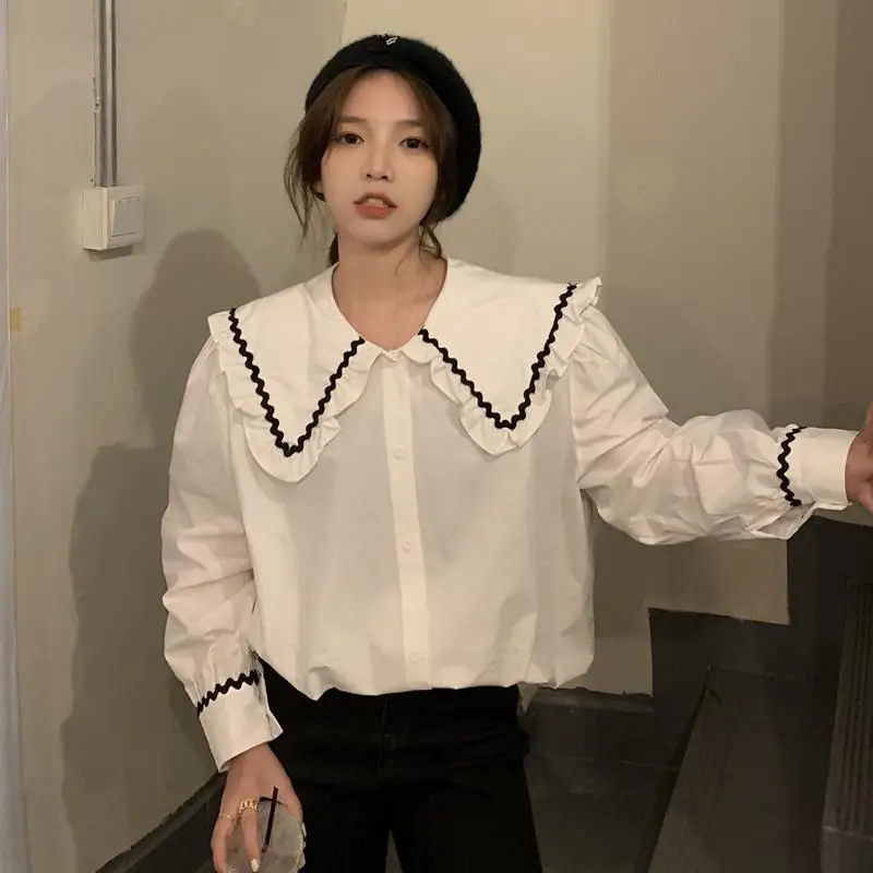 Spring New White and Black Loose Shirt Tops Long Sleeve Plus Size All-match Casual Blouse Fashion Korean Women Clothing