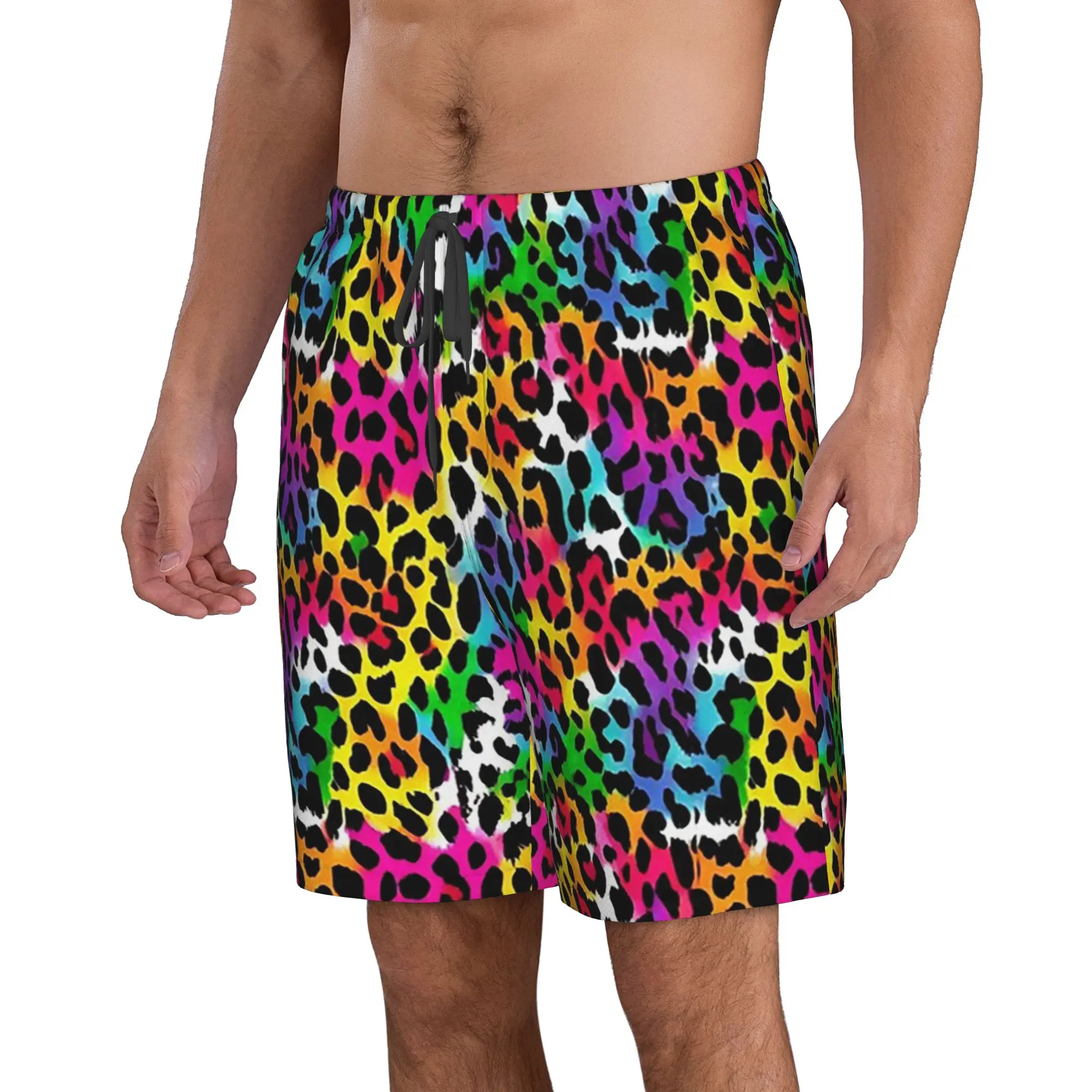 Vibrant Rainbow Leopard Print Trunks Beach Board Shorts Casual Quick Dry Swim Summer Men Pants