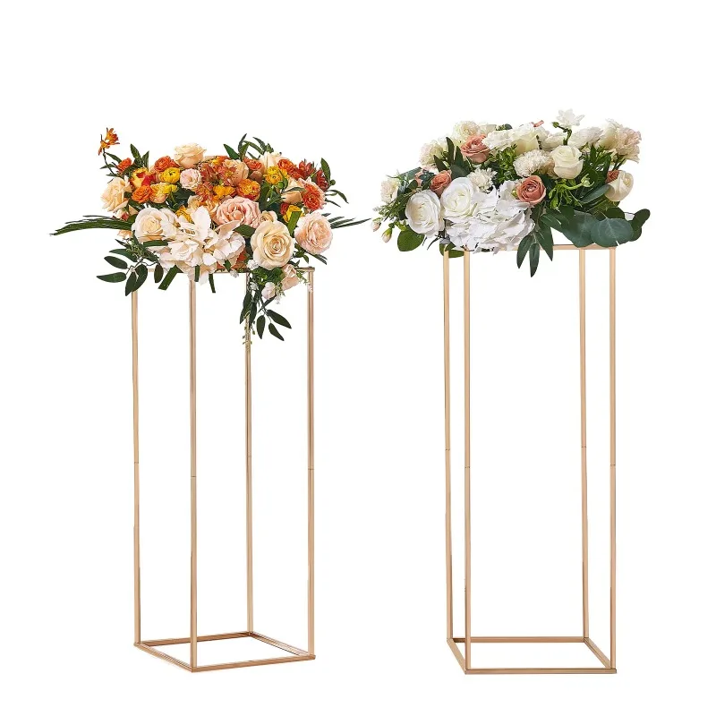 

Pair of 31.5" Tall Floral Arrangement Frames, Geometric Metal Vase Stands in Gold, Rectangular Display Holders for Wedd