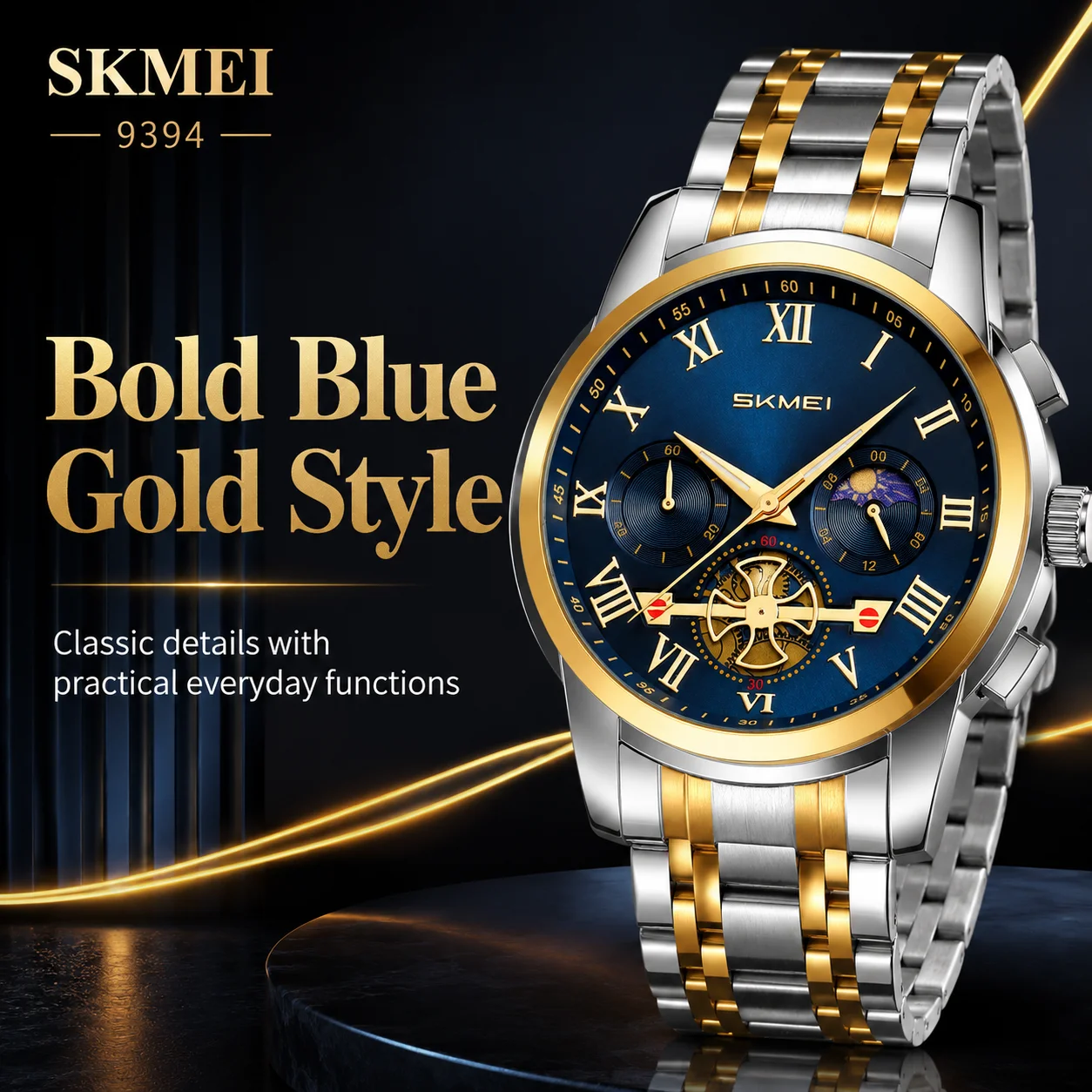 SKMEI 9394 Men’s Quartz Watches 30M Waterproof Men Fashion Wristwatch Business Sun Moon Sub-dial Watch Stopwatch Office Casual