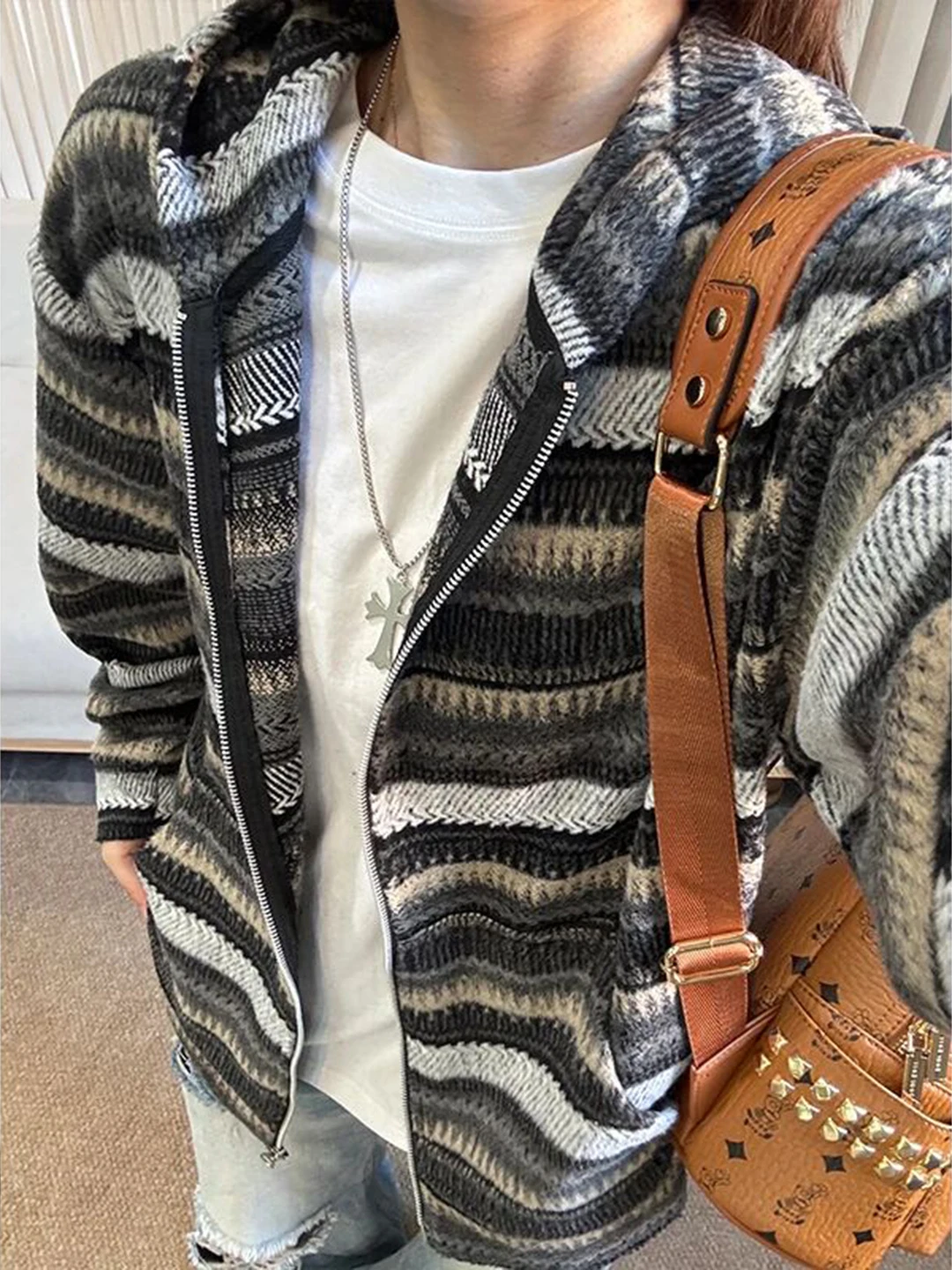 

American Sle Women's Hoodie Sweater Stripe Pattern Woolen Cardigan Open Front Casual Comfortable Fit Long Sve Zipper