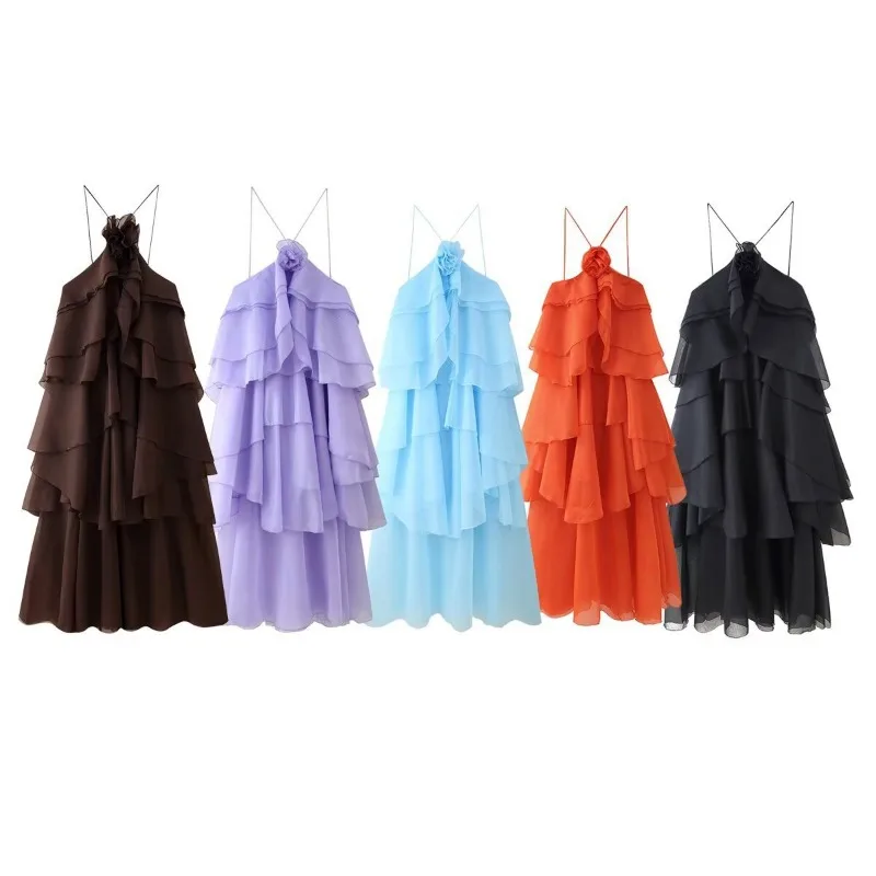 Luxo high-end feminino floral babados bolo em camadas sem costas halter vestido festa de casamento aniversário vestidos longos para férias femininas