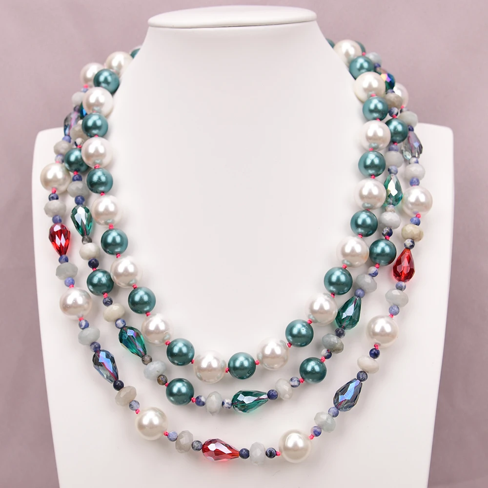 

APDGG A129 Handmade 3 Rows Natural Mix Stone Amazonite Shell Agate Multi Strands Necklace