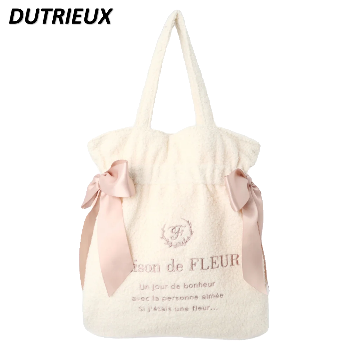 Bolsa de pelúcia com arco de um ombro para senhoras, sacola feminina de um ombro, moda feminina, estilo japonês, doce, fofa, outono, inverno