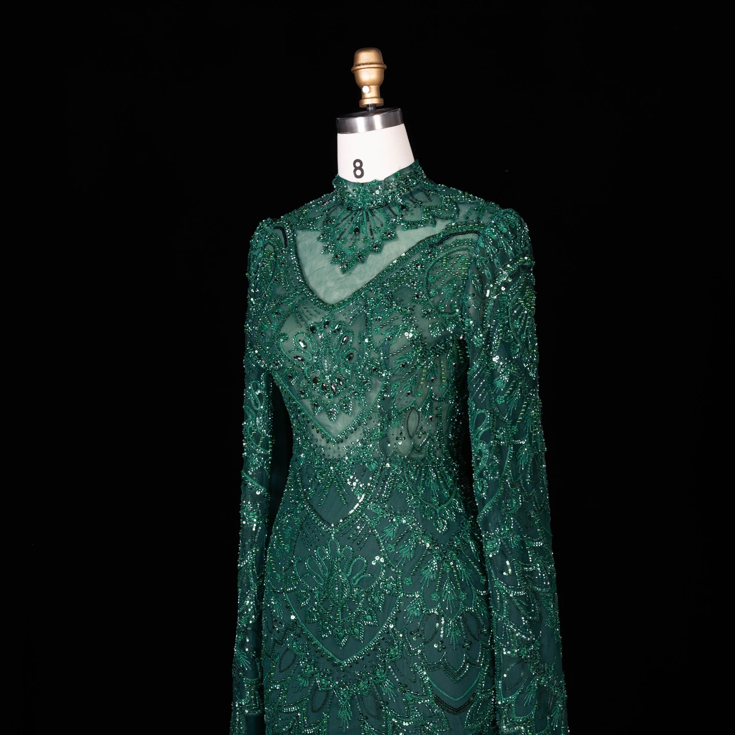 Sharon Said Abendkleider Luxuriöses Meerjungfrauenkleid aus grünem Tüll mit Perlen, transparentem Korsett und hohem Kragen, Dubai Formelles Partykleid SS017 Maßanfertigung – Detail 6