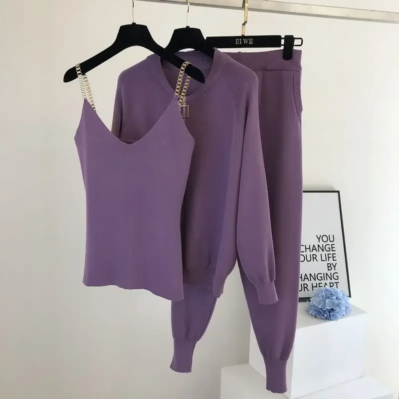 2020 Autumn New Women's Knit Set Casual Zip Cardigan Sweater Knitted Vest Pants 3 Piece Set Female Purple Sweater Set Tracksuits