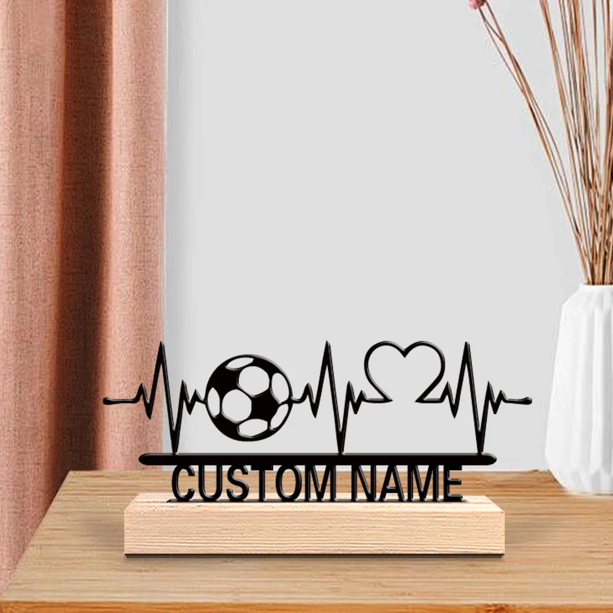 1pc Abstract Soccer ECG Customized Text Metal Statue Iron Ornament Art Figurine With Wood Base Metal Ornament For Youth Gifts