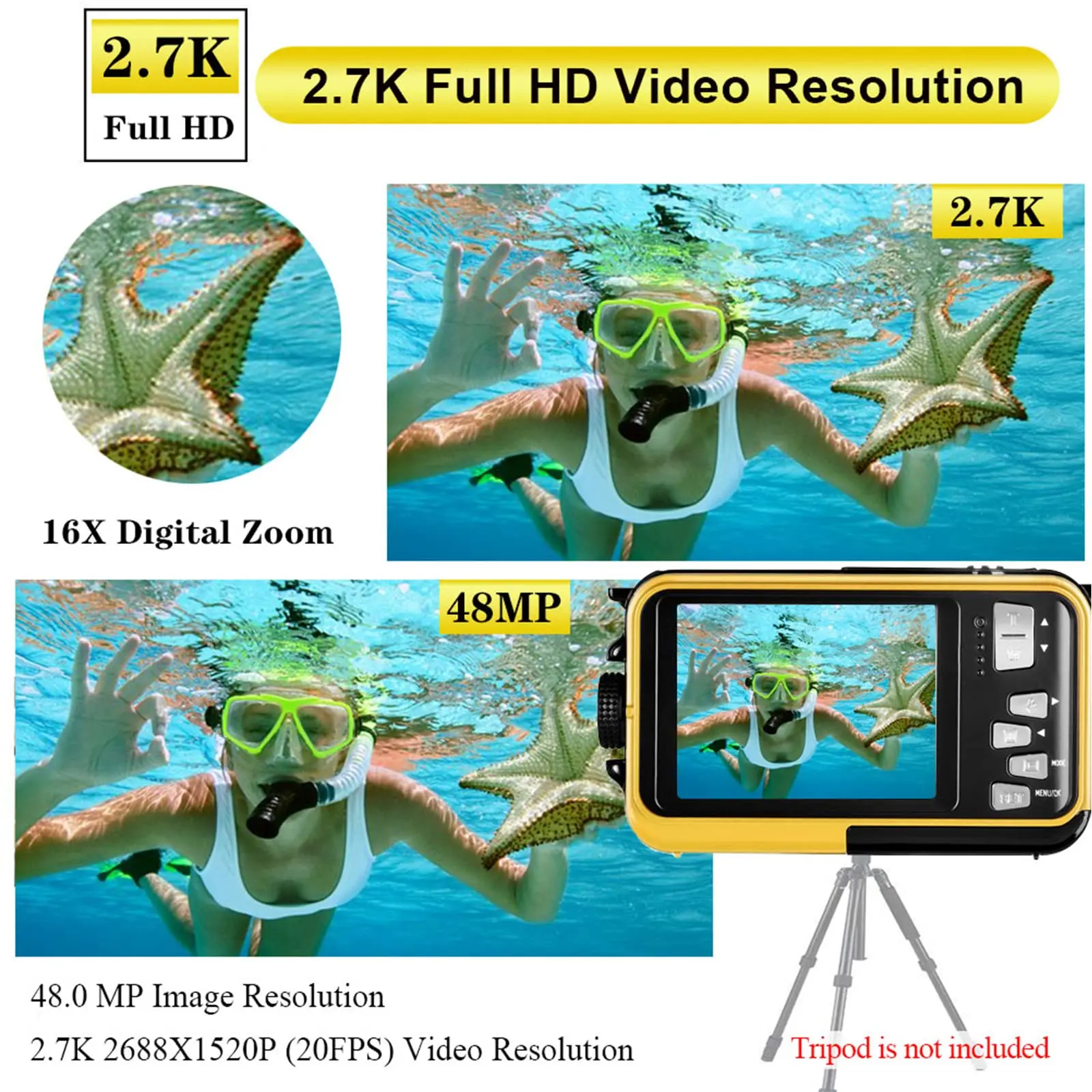 Waterproof Anti-Shake Digital Camera 1080P Full Selfie Video Recorder for Underwater DV Recording Present