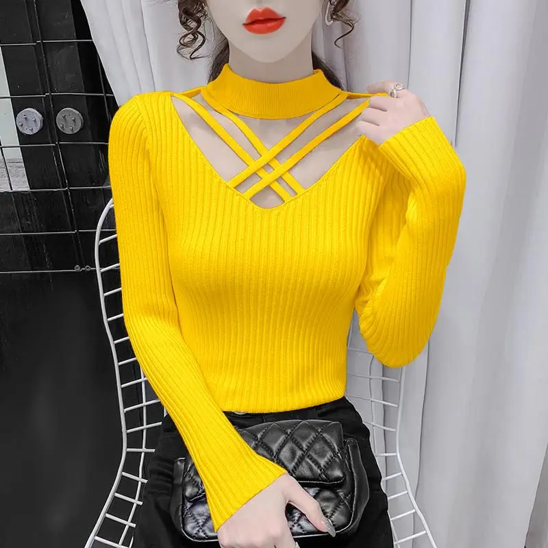 Fashion Solid Color Knitted Hollow Out Blouses Women Clothing 2023 Autumn Winter Loose All-match Tops Office Lady Shirts