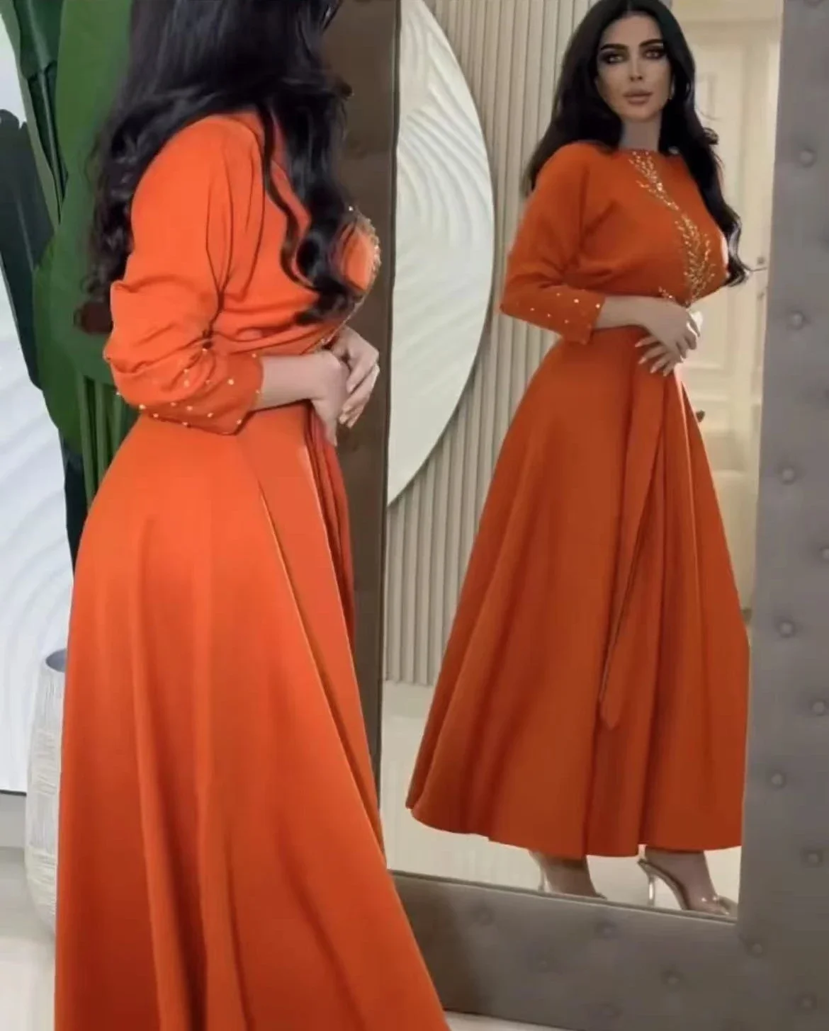 

Customized Vestidos Prom Dresses Crew Neck Beaded Long Sleeves Saudi Arabia Women Wear Party Evening Gowns A Line Formal Dress