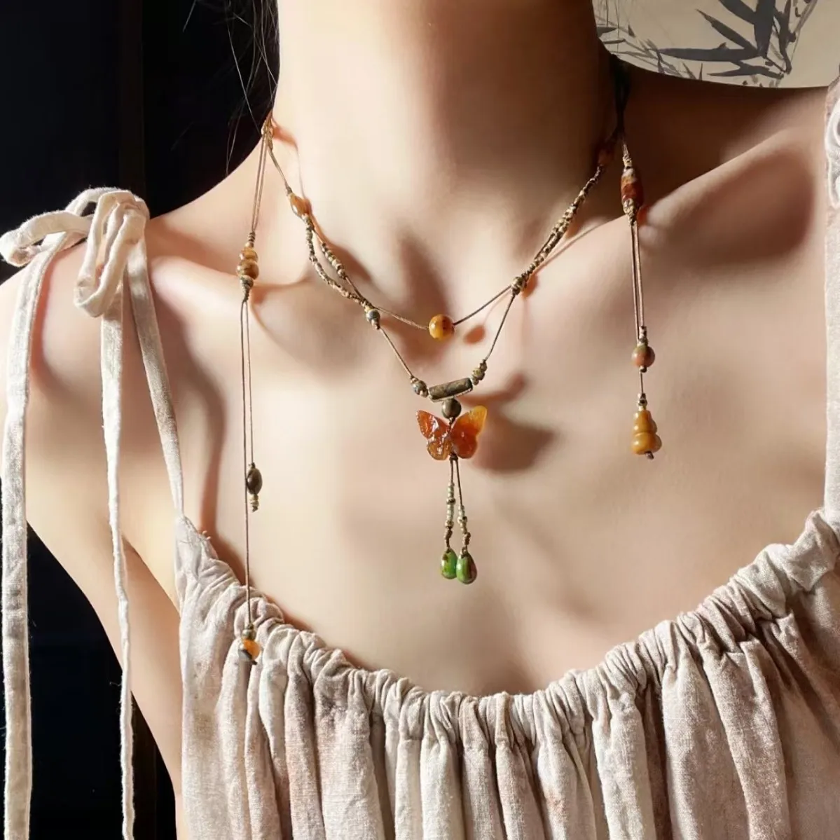 Chinese Style Bead Butterfly Pendant Tassel Necklace Fashionable New Jewelry Accessory