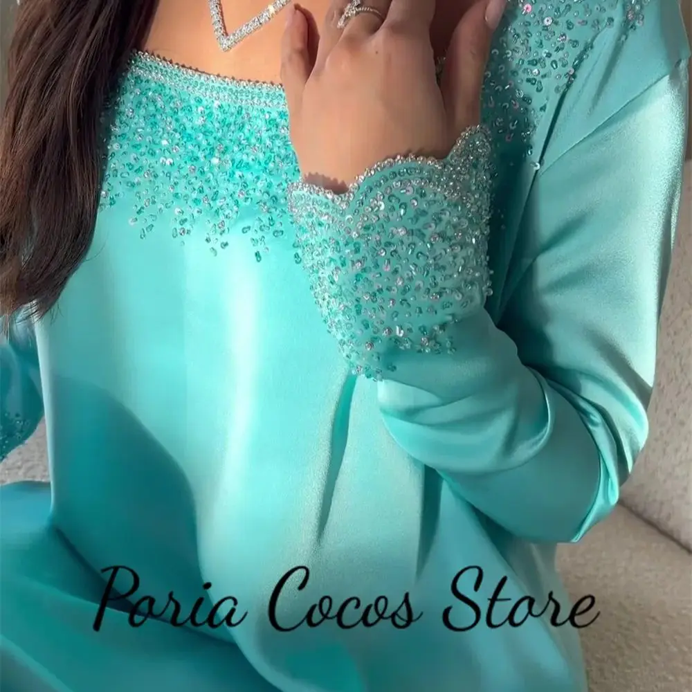 Abito da ballo con collo quadrato blu guaina in raso a maniche lunghe con paillettes abito da sera da donna con lunghezza del pavimento dell'arabia saudita