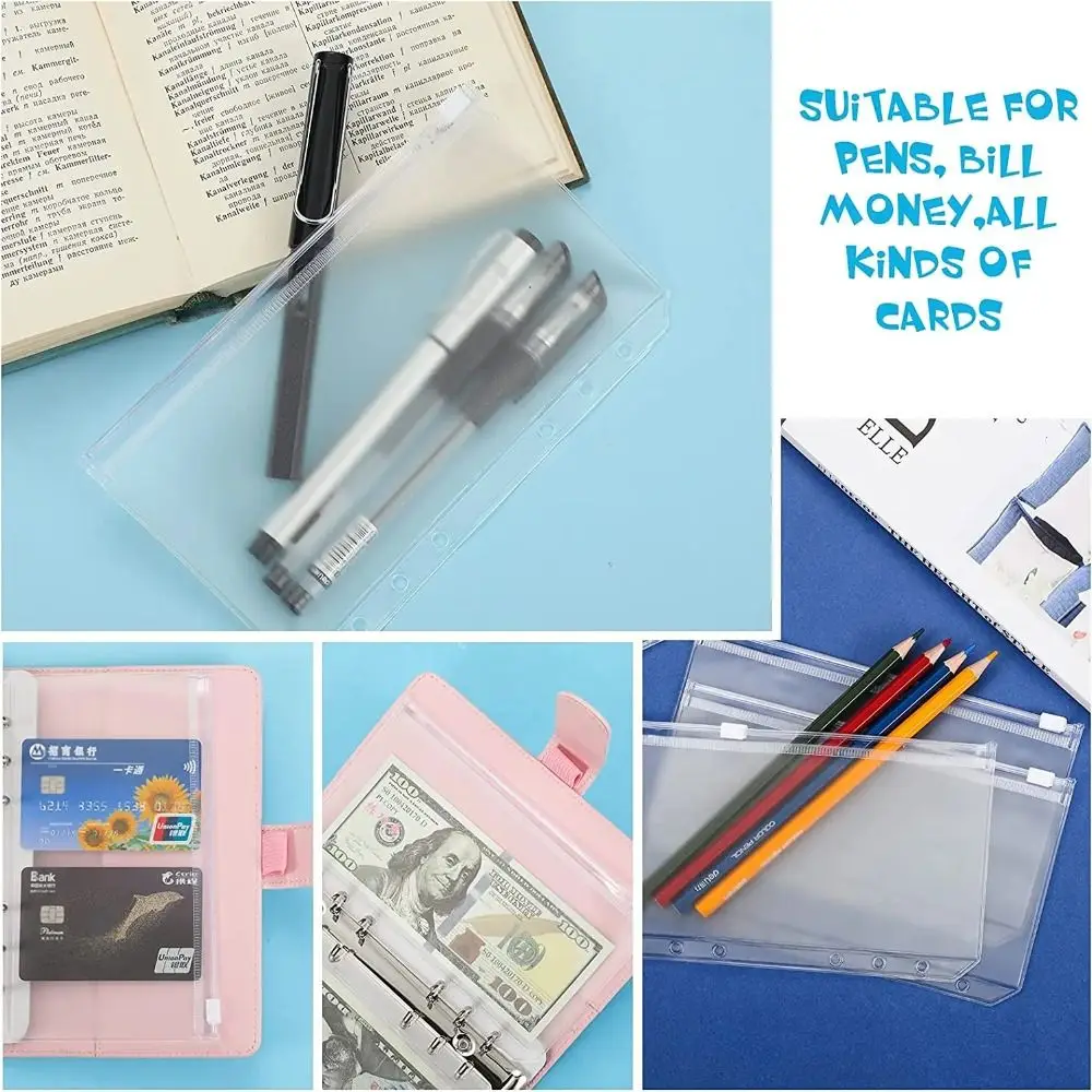 6Pcs New A6 6-Hole Binder Pockets PVC Waterproof Zipper Binder Pouches Receipt Bag Transparent Savings Challenge Binder Pockets