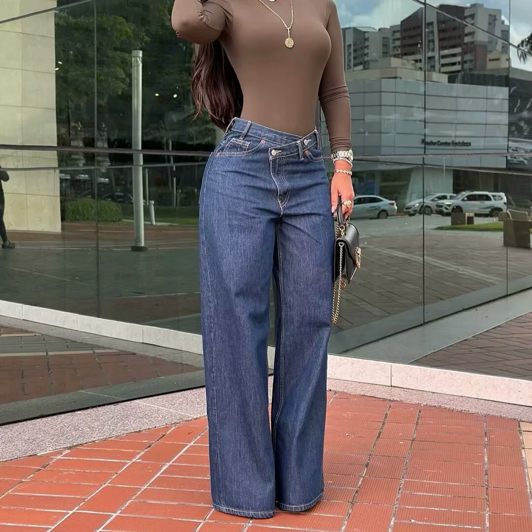 

TRAFZR Woman Jeans Pants 2025 Spring High Waist Wide Leg Straight Fit Blue Casual Vintage Versatile Daily Streetwear Denim Jeans