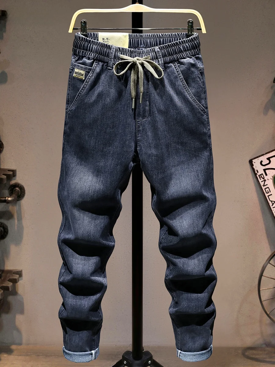 

Модные свободные джинсы прямого кроя для мужчин, летние, тонкие, хлопковые, с эластичной резинкой на талии, в стиле ретро, универсальные, облегающие, молодежные джинсы