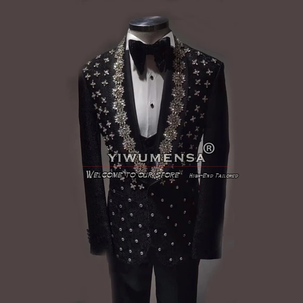 

Luxury Jewelry Ornament Black Wedding Suits For Men Bespoke Gemstone Jacket Vest Pants 3 Pcs Grooms Tuxedos Trajes Para Hombre