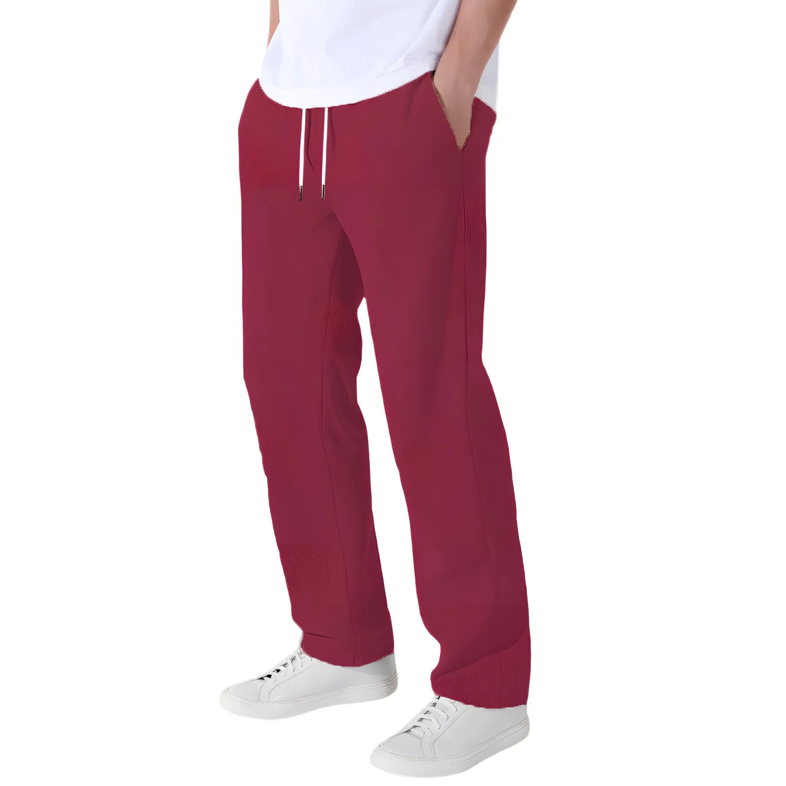 

Men's Solid Color Weave Breathable Loose Casual Straight Leg Pants Spring Autumn Trousers Drawstring Elastic Waist Casual Pants