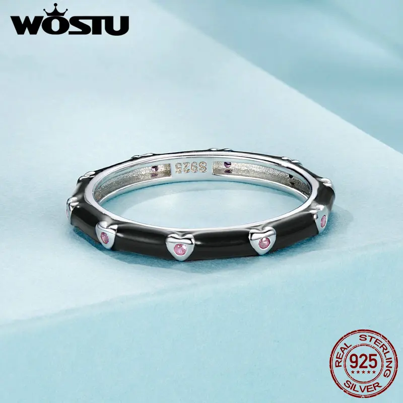 WOSTU 925 Sterling Silver Black&Pink Heart Ring Colorful Cute Ring For Women Fine Jewelry Outfit Accessories Party Dating Gift