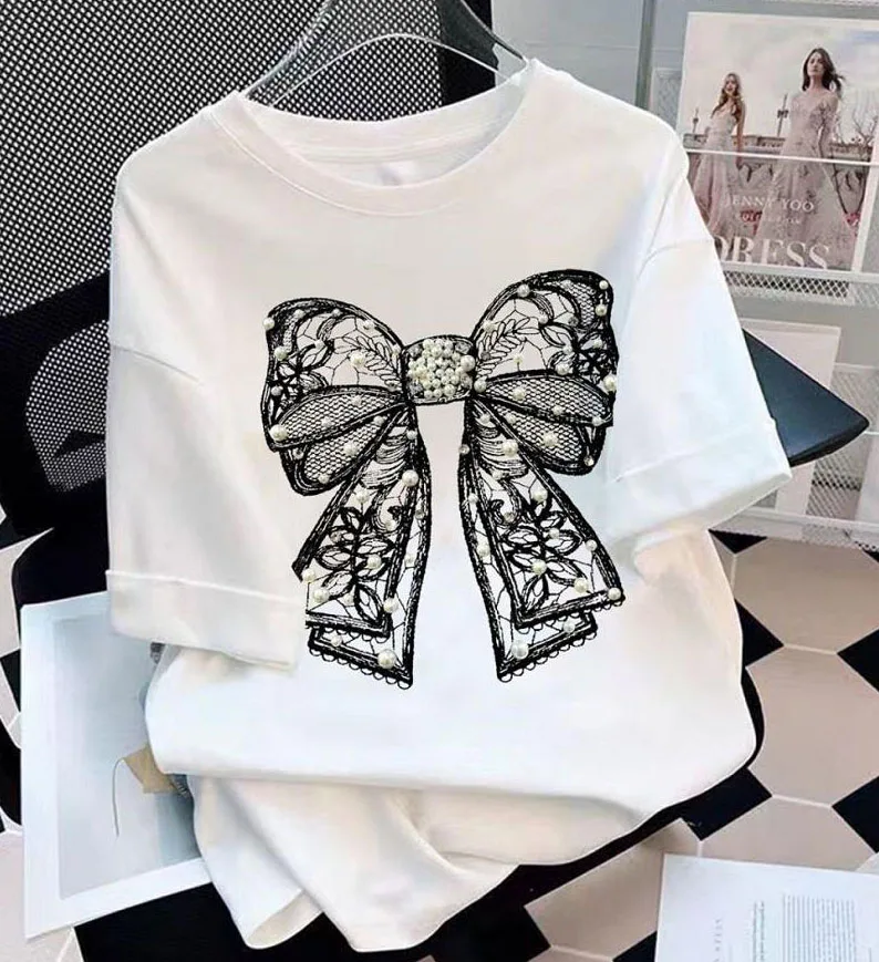 Beading Bow Floral T-Shirts with Studs, Short-Sleeved, Round Neck, Lovely Blouse, Chic Design, New Style, Summer, 2024