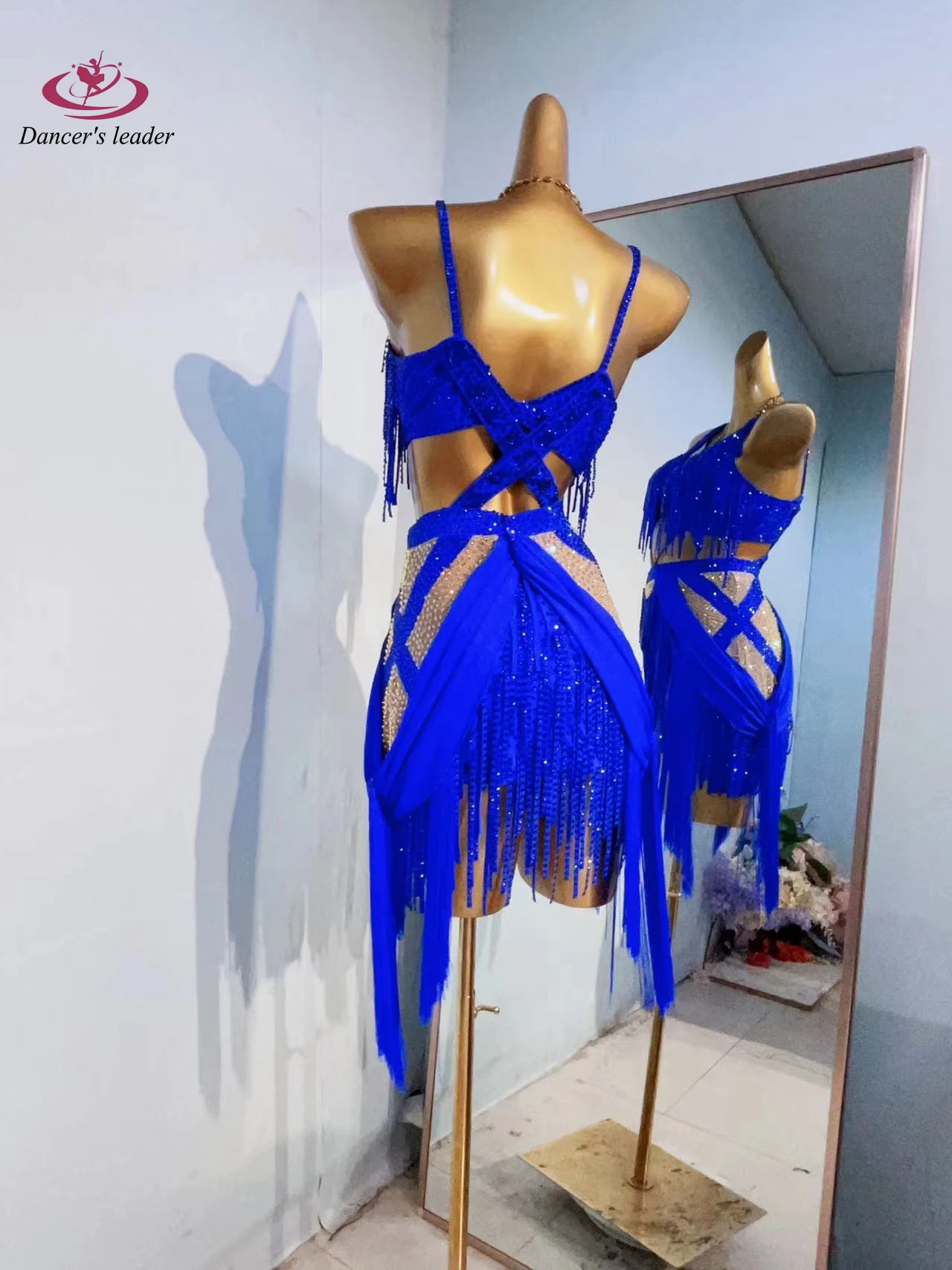 라틴 댄스 무대 여성용 고급 맞춤 허리 노출 태슬 스커트 삼바 아트 공연 라인스톤 의상 드레스