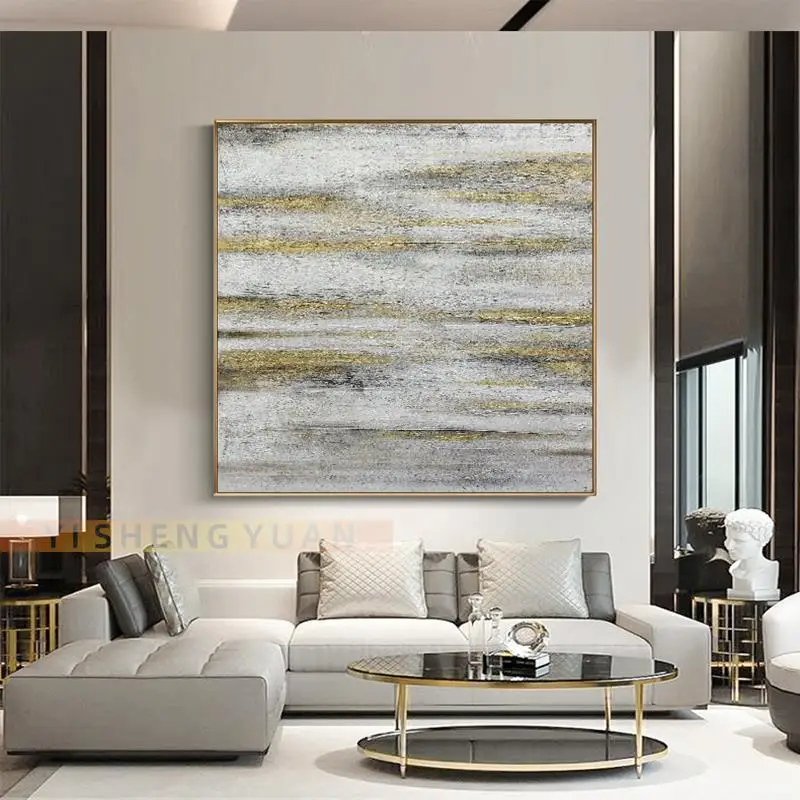 Pure Hand-painted Gold Foil Line Abstract Frameless Oil Painting Modern Art Mural Living Room Simple Warm Color Decoration