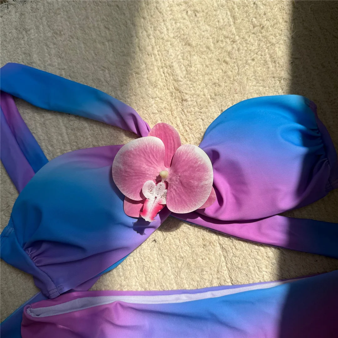 3D-Blumen-Bikini mit Batikmuster, Damen-Badeanzug, hoch geschnittener Bikini, zweiteiliges Bikini-Set, gepolsterter Badeanzug, Badebekleidung, Modell V6988. – Detail 14