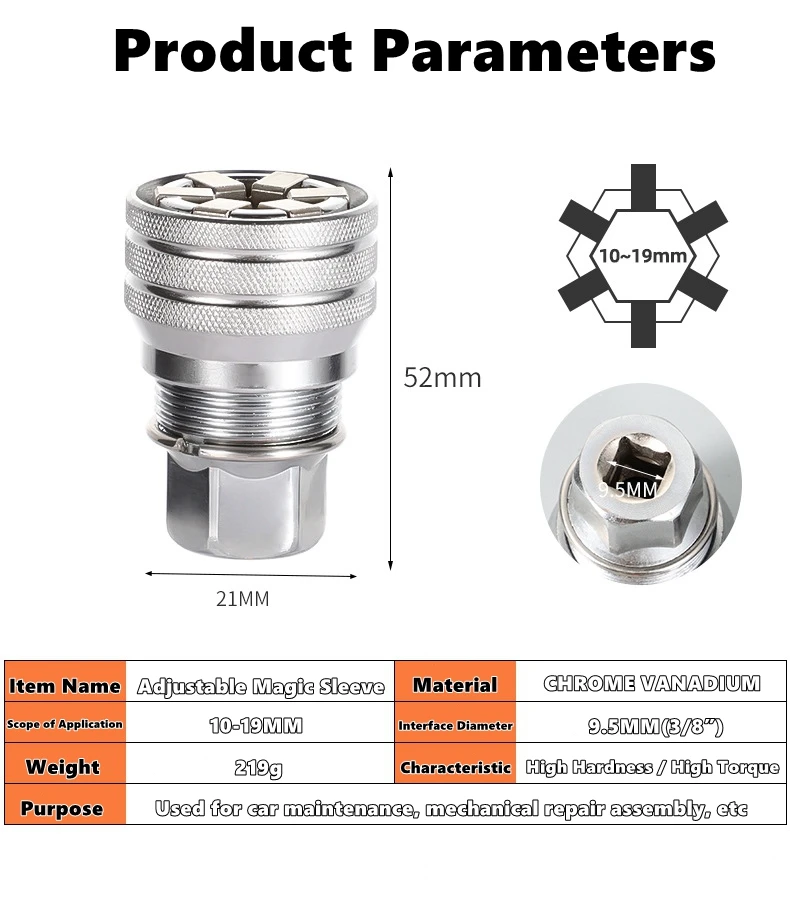 10–19 mm verstellbarer Universal-Steckschlüssel – universelle Passform für standardmäßige metrische Schrauben und Muttern, kompatibel mit 3/8-3/4 Ratschenschlüssel – Detail 2
